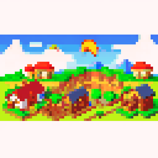 Sunshire title screen farming town, large mountain with small dragons flying around, fire-like text, sRGB, pixel art, background, landscape