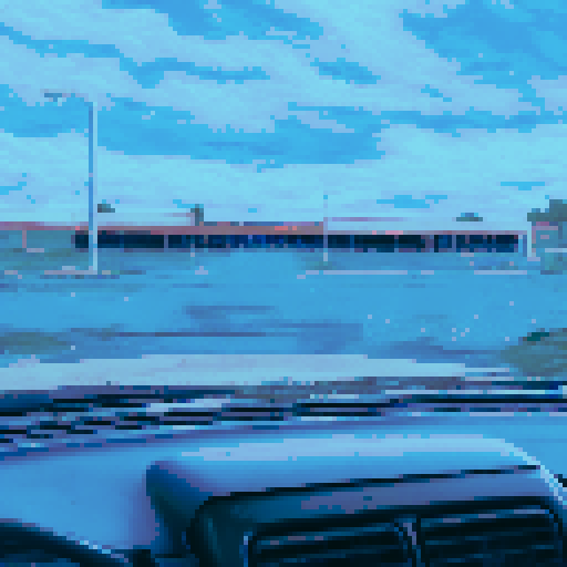 abandoned storefront, dilapidated, broken windows, faded sign, cracked paint, overgrown plants, desolate street, deserted, empty shelves, retro aesthetic, pixelated, vibrant colors, nostalgic, urban decay, graffiti, moody lighting, nostalgic backdrop, sRGB, pixel art, background, landscape