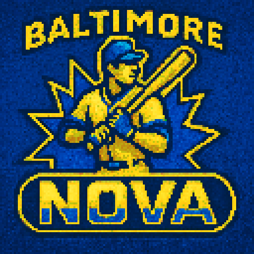 Pixel art of a fictional baseball team called the Baltimore Nova. yellow, blue, and white, sharp outlines, and soft pixel shading. The logo design mimics 80s MLB logos. Use a vibrant Sega Genesis 16-bit style with selective dithering, geometric forms, and nostalgic retro charm. Avoid modern gradients—keep it pure pixel art.