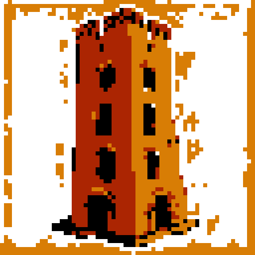crumbling brick and copper tower seen from a head-on 2d flat perspective. Simple style, thick black lines, white background.