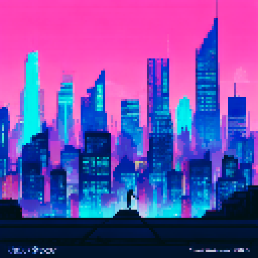 Silhouette of a sleek figure standing on the edge of a skyscraper roof, overlooking the neon-lit cityscape below, against a starry sRGB pixel art background