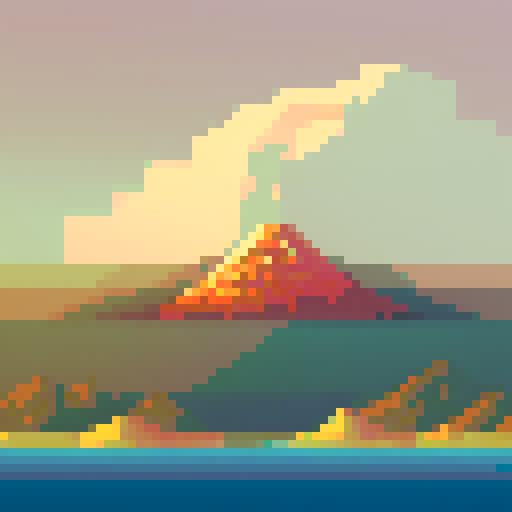A beautiful landscape scene of a volcano erupting, volcanic ash sprinkling a city below, pixelated, retro graphics, landscape portrait