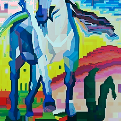 blue horse, galloping through a vibrant pixelated landscape, mane flowing with vibrant colors, surrounded by geometric shapes and bright blocky trees, showcasing the intricate details of pixel art