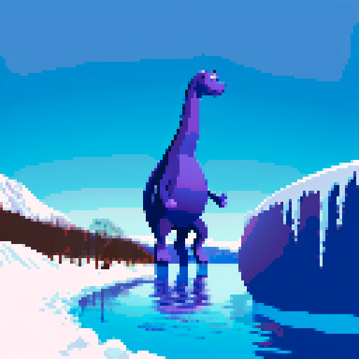 Large purple smiling loch ness monster silhouette swimming, poking its head out of frozen lake, winter, monkey on top