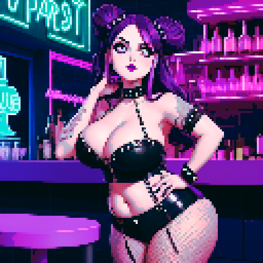 Thicc, curvy, busty goth babe with studded collar, long purple hair in buns, fishnet stockings, studded halter top bartender, nude big titty goth cute face portrait, neon signage, modern tile, pixel art, sRGB