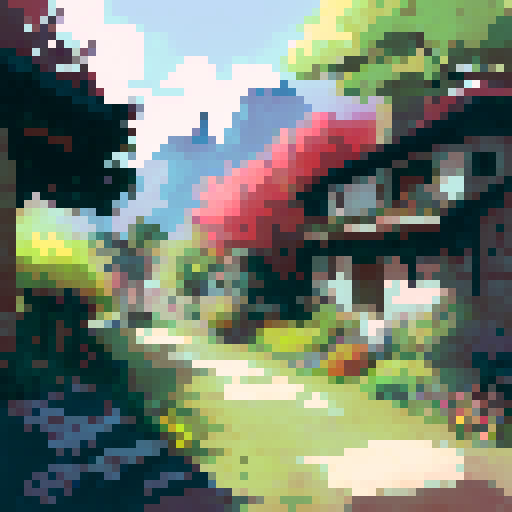 Modern house entrance with tall, leafy tree on the left side, rocky path leading to the main door, towering mountain range in the distance; landscape portrait with a touch of realism.