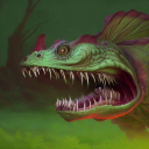 A fearsome Chupacabron with scaly, gray-green skin, sharp fangs, and bloodstained claws lurks in the shadows, ready to pounce on its next victim; its glowing red eyes and hot, fetid breath make it a terrifying predator in the realm of Fantasy RPG.