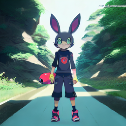 Bunny, big-eyed and kawaii, brandishing a sleek and shiny handgun, set against a vibrant, color-saturated anime background.