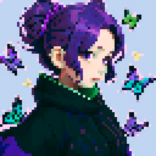 Girl with purple hair and purple butterflies flying around her