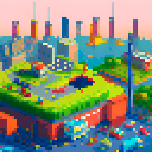 The optimistic future in the background to the right with bright colors and technology, with decaying factories in the foreground to the left with a person on the left side staring off at the future, with the back of their head to the audience.