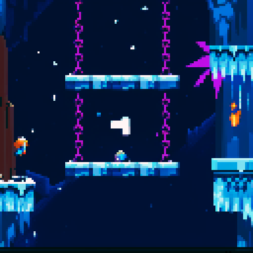 Celeste-like, snow-capped, pixelated ice mountain, jagged cliffs, frozen waterfalls, vibrant blue sky, pixel art, sRGB