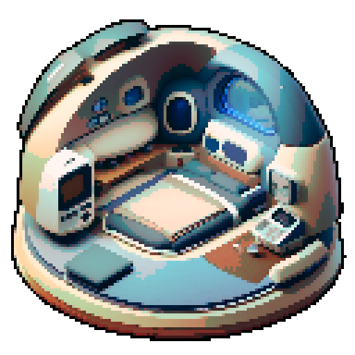 The interior of a small, rounded spaceship from a flat side view. A small, rounded spaceship interior with smooth, curved walls and large windows in the back showing space. In the center is a cryo-pod with a sleeping human inside. A screen on the side and a control panel