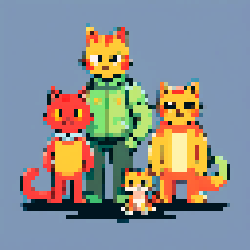 A yellow cat, a red dog, a green turtle and an orange goldfish standing together as a family, posing for a portrait.
