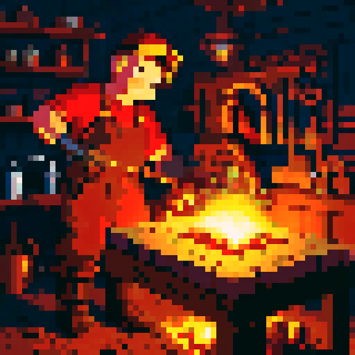 blacksmith hammering red-hot metal, sparks flying, anvil and tools nearby, vintage pixelated graphics, vibrant sRGB colors