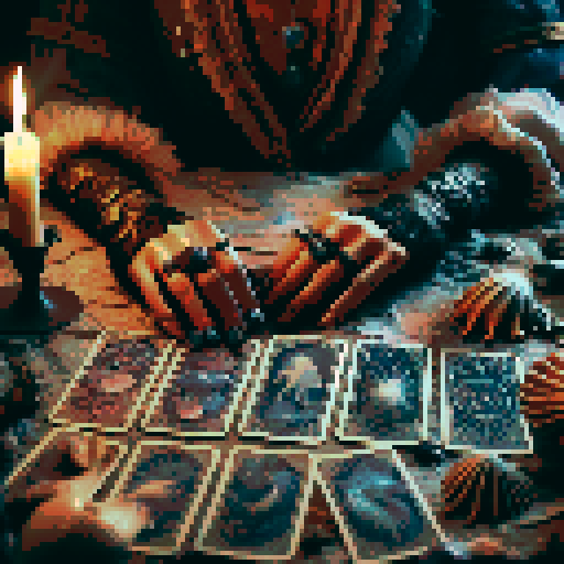 A close-up of a woman's hands over a table during a tarot card reading in a medieval dark style. The table is adorned with elements of the ocean such as sea shells, sand, and small pieces of coral. The atmosphere is mystical and dimly lit, with candlelight casting shadows that enhance the eerie and magical mood. The woman's hands are gracefully poised over the cards, which also have oceanic designs like waves and mermaids.