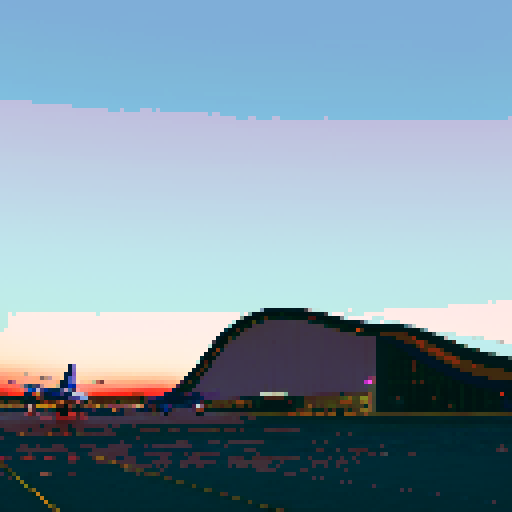 Airport at dusk, pixelated planes in vibrant shades of red and yellow, runway lined with twinkling lights, a crowd of travelers shrouded in silhouettes, fading sky painted with hues of faded purple and deep blue