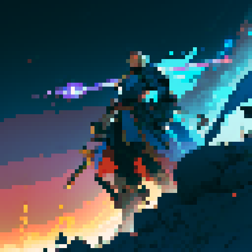 Mech warrior, towering over knights with glowing swords, unleashing magical blasts amidst swirling cannons and medieval armored suits, all in vibrant sRGB pixel art