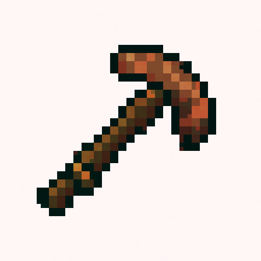 A simple farming hoe icon, tool head made of dull tarnished reddish-brown copper, basic curved blade, rough wooden handle with a simple rope binding, rustic and handmade look. pixel art style, 16x16 grid resolution, minecraft item icon style, flat 2D game asset, white background, no shadows, hard edges, diagonal tool view.