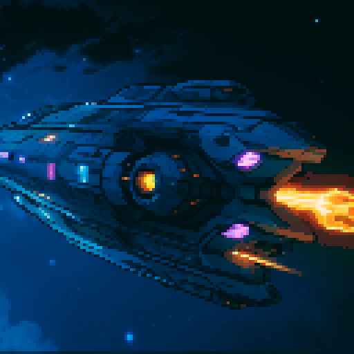 spaceship with sleek metallic exterior, glowing engine fires, starry backdrop, vibrant pixel art, sRGB colors

