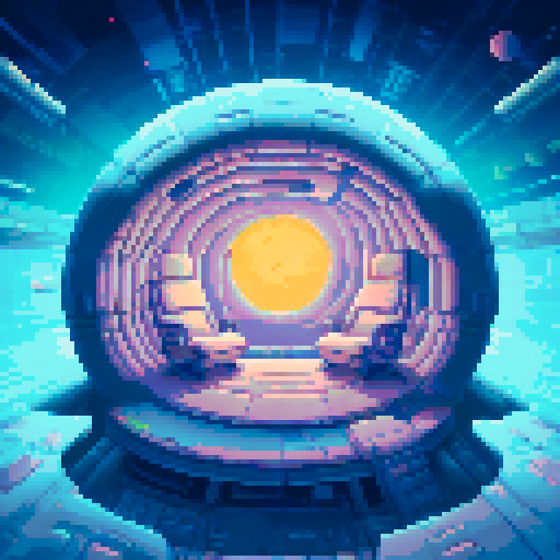 The interior of a small, rounded spaceship from a flat side view. A small, rounded spaceship interior with smooth, curved walls and large windows in the back showing space. In the center is a cryo-pod with a sleeping human inside.