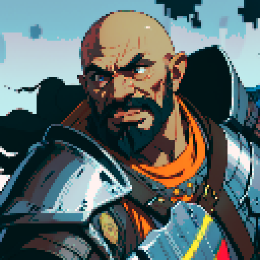 bald, black bearded dwarf warrior, wielding a great axe, clad in heavy armor, pixel art style, vibrant sRGB colors