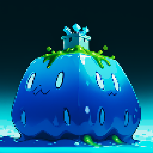 Blue Slime cube, Gelatinous cube, wearing crown, giant Slime, boss fight