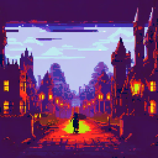 jrpg character, pixelated Super Nintendo style, ps2 horror game, Victorian interior background, continuous eerie atmosphere, dark and gloomy, flickering candlelight, gothic architecture, hauntingly beautiful, pixel art landscape