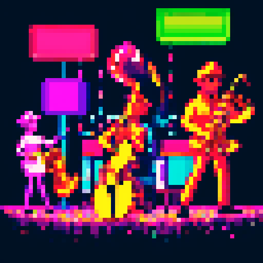 Vibrant jazz musicians, pixelated cityscape, saxophones, trumpets, neon lights, swirling colors, pixel art, sRGB