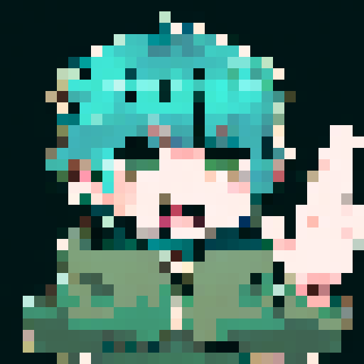 Sprite, girl with brown short hair, blue ribbon, green eyes, waving animation, smile, character portrait, close up, anime style, pixel art