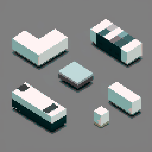 Create a pixel art scene depicting an unspooled film strip. The film strip should be laid out in a random, slightly tangled fashion with no reel visible. The strip should have evenly spaced rectangular frames, some showing classic movie scenes in a pixelated style. Ensure the background is plain and does not distract from the film strip. Use a limited color palette to maintain the pixel art aesthetic, focusing on shades of black, white, and gray for the film strip, with subtle hints of color in 