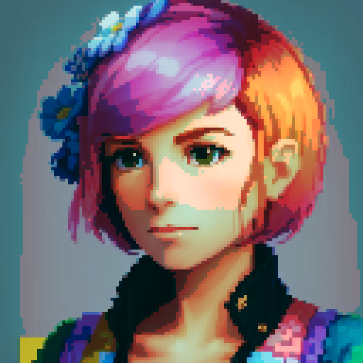 stardew valley inspired, female character, vibrant colors, pixelated style, rural farm setting, blooming flowers, vintage clothing
