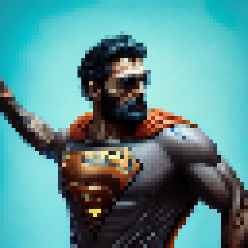 Brown leather-clad, bearded and tattooed Superman soars through vibrant comic-style skies, his expanded portraiture a stark contrast to the foreboding, skeletal pigeoncore backdrop of Group Zero's take on the superhero, all rendered in realistic shades of blue.