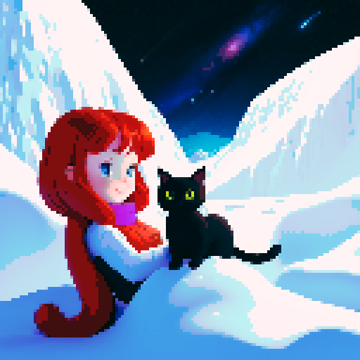Redhead with black cat in between towering, snowy mountains in space