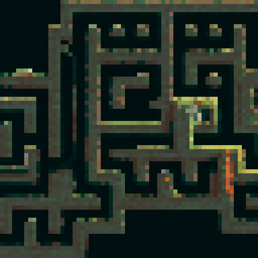 Brick maze, vibrant colors, intricate pathways, towering walls, perspective, isometric view, detailed textures, immersive atmosphere, nostalgic pixel art, sRGB, background, landscape