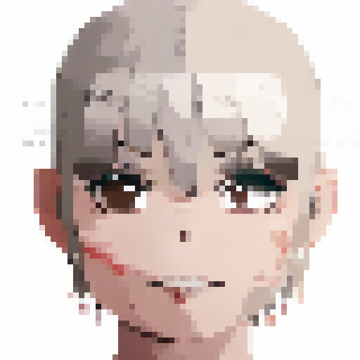 Bald Asian girl's head, intense gaze, striking features, rendered in anime style, close-up character portrait, with intricate pixel art details.