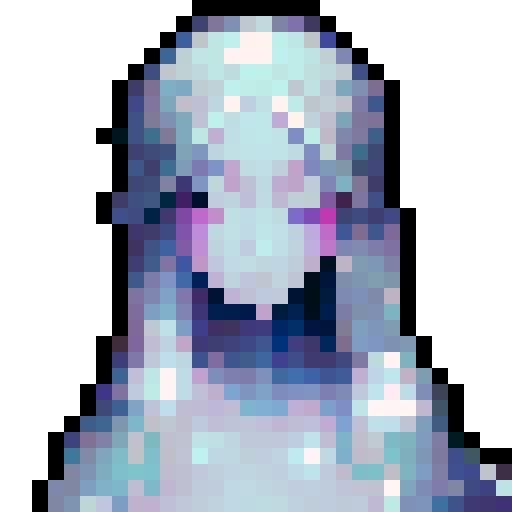 Beautiful ethereal angel with chrome wings, flowing hair, and a serene expression, floating in a dreamlike landscape of pastel clouds and shimmering stars, rendered in pixel art with crisp, defined lines and a vibrant sRGB color palette