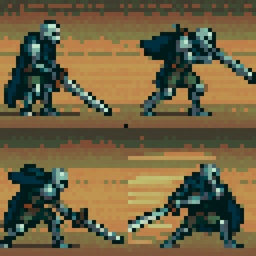 Knight in silver-gray armor, dark blue cape, large sword, 4 frames: Ready stance - standing sideways, sword handle in hands, sword tip touching ground vertically, Starting swing - body leaning forward, sword raised backwards and upwards, Powerful slash - body rotating 90 degrees, sword swiping horizontally, Ending pose - sRGB, pixel art, speed lines special effect