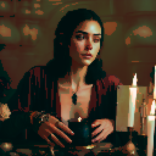 Close-up of a young beautiful woman looking at the viewer making magic with candles.