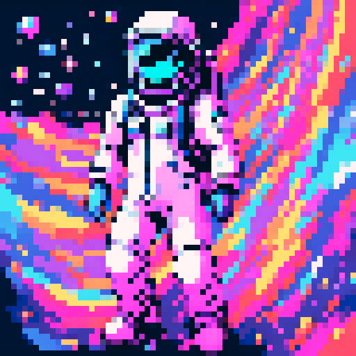 space traveler in vibrant pixel art white spacesuit, with a helmet showcasing a reflective visor, surrounded by swirling galaxies, twinkling stars, and celestial wonders, all rendered in space colorful palette.

