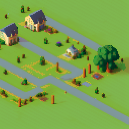 JRPG style town with buildings, road, grass and paved walking paths