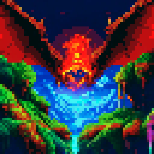 Fiery scaled dragon, wings spread wide, gripping a glowing orb in its claws amidst a vibrant pixelated landscape