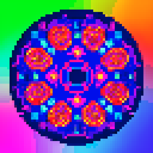 TSMC 7nm process circular wafer, vibrant colors, intricate patterns, retro video game vibes, low resolution, blocky pixels, glowing edges, vivid hues, 8-bit aesthetic, digital art style, symmetrical design