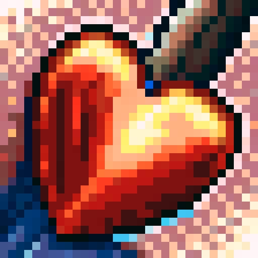 Health Icon Heart, vibrant red, pixelated, game icon, skillfully crafted, intricate details, 32x32 pixels, sRGB colors, close-up view, portrait style, dynamic shading, glossy finish