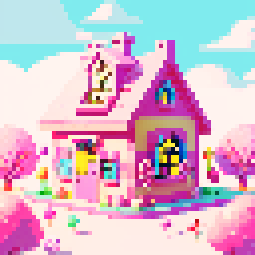 candy house with lollipop trees, pastel colors