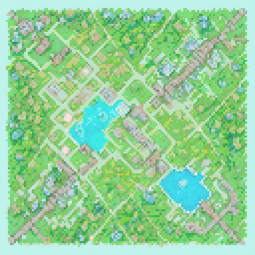 "Create an intricate pixel art map for a top-down 2D RPG, depicting the layout of Verdant Vale, the starting area of the game 'Chronicles of the Arcane Grid'. The map should feature a quaint fantasy village surrounded by lush green forests, with a clear, winding path leading through it. Include distinct areas such as a village square with market stalls, a mystic's cottage on the outskirts, and a central training ground. The map should show details like trees, houses, a fountain, and small fields