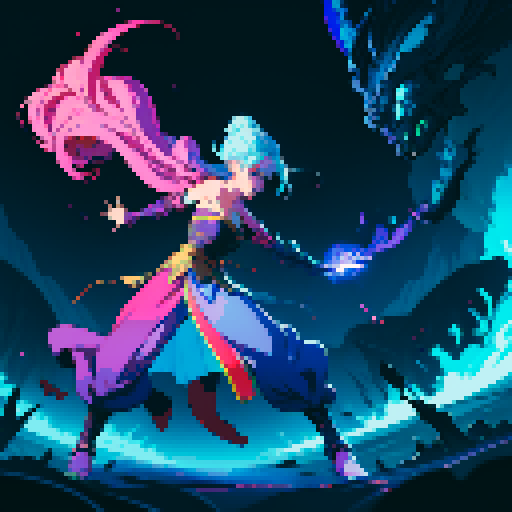 full-body art, sorceress with four arms, blue skin, facing right, ready to fight, surrounded by colorful magic, pixel art, sRGB