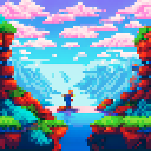 "Fit old woman and man adventurers in sRGB pixel art style, separated on opposite sides of the landscape background, with space in the middle for game links"