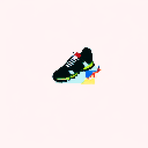 A pair of vibrant sneakers, adorned with neon laces, sitting atop a pixelated grassy hill overlooking a cityscape at sunset