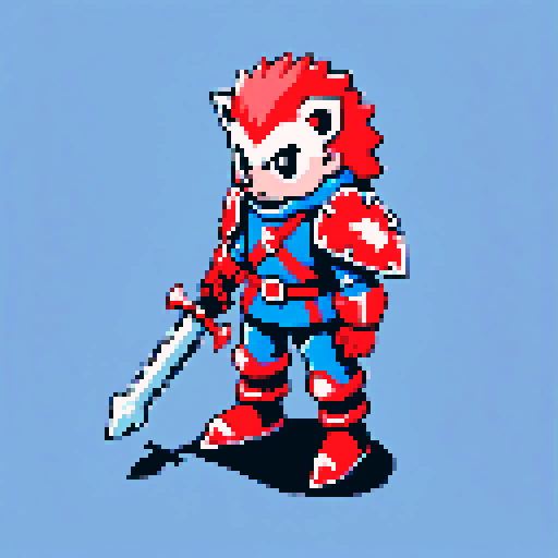 Isometric pixel character, hedgehog knight with shield and spiked mace