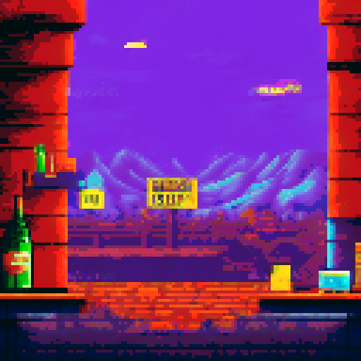 noir 24-bit pixel art game about a bar. Noir bar, there is a bartender, a wall with bottles, like game from 90's, style of cave story